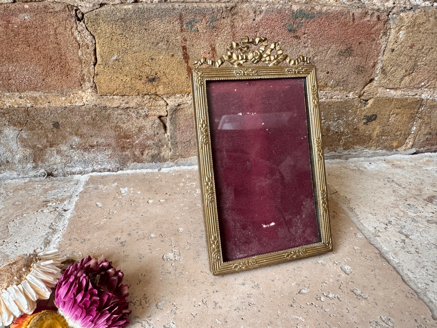 antique french brass ormolu ribbon bow swag border top picture photo frame