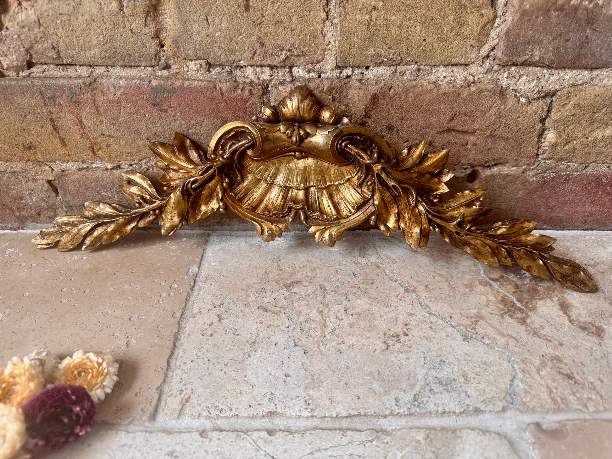 antique french brass sculpted gilded gilt wall panel hanging pediment frame