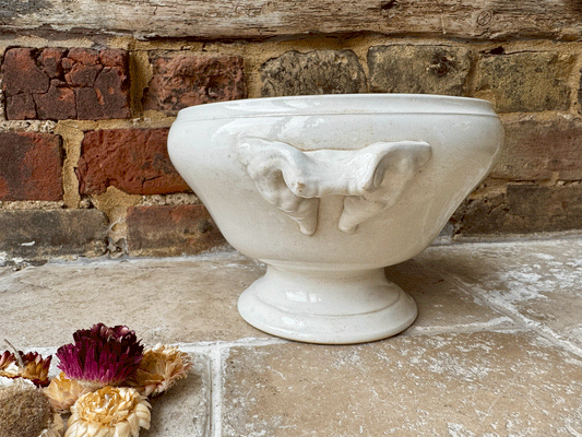 antique french white ironstone buttery timeworn soupiere tureen bowl
