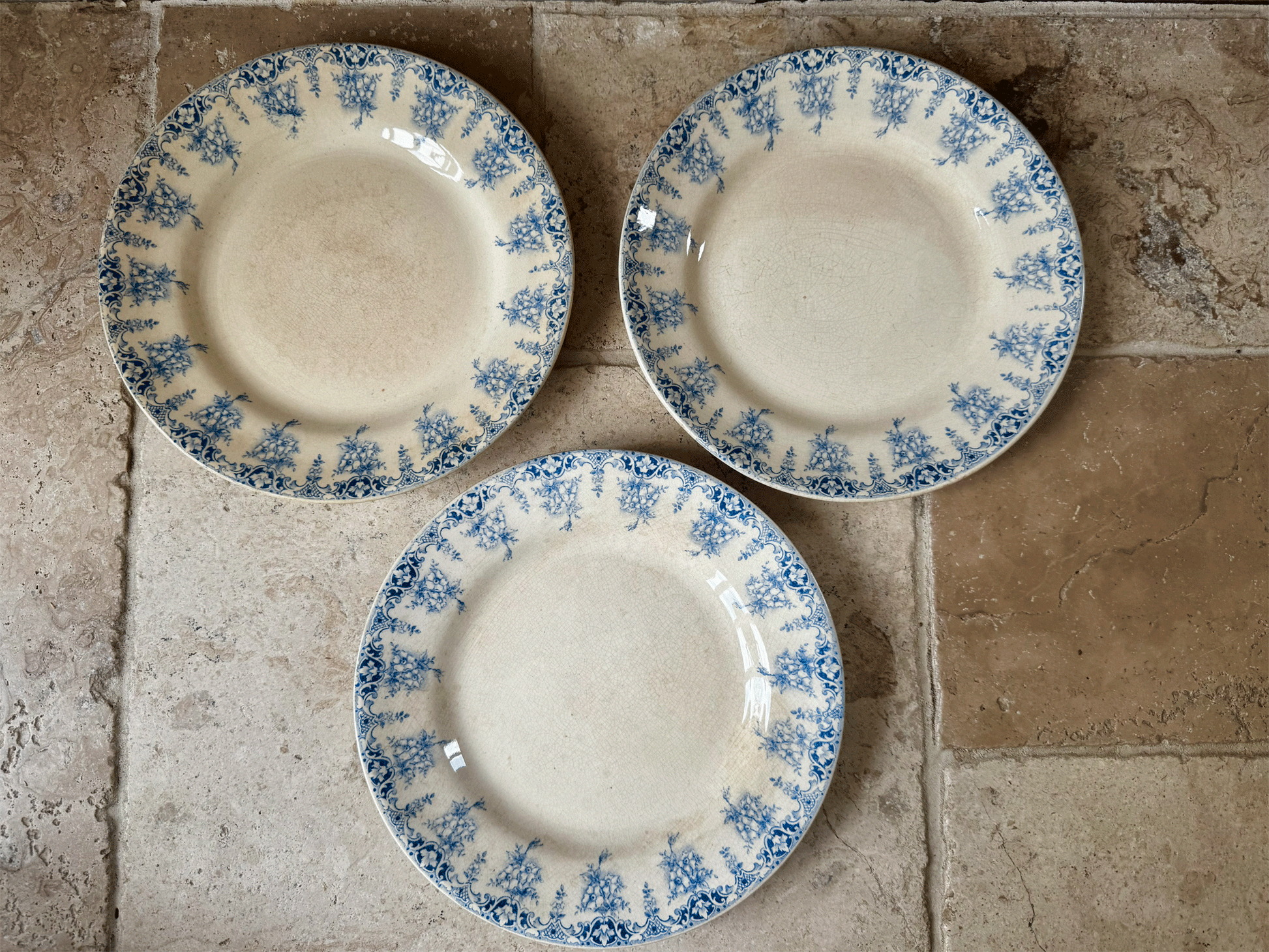 antique french terre de fer ironstone blue transferware plate assiette primavere primrose garland pattern