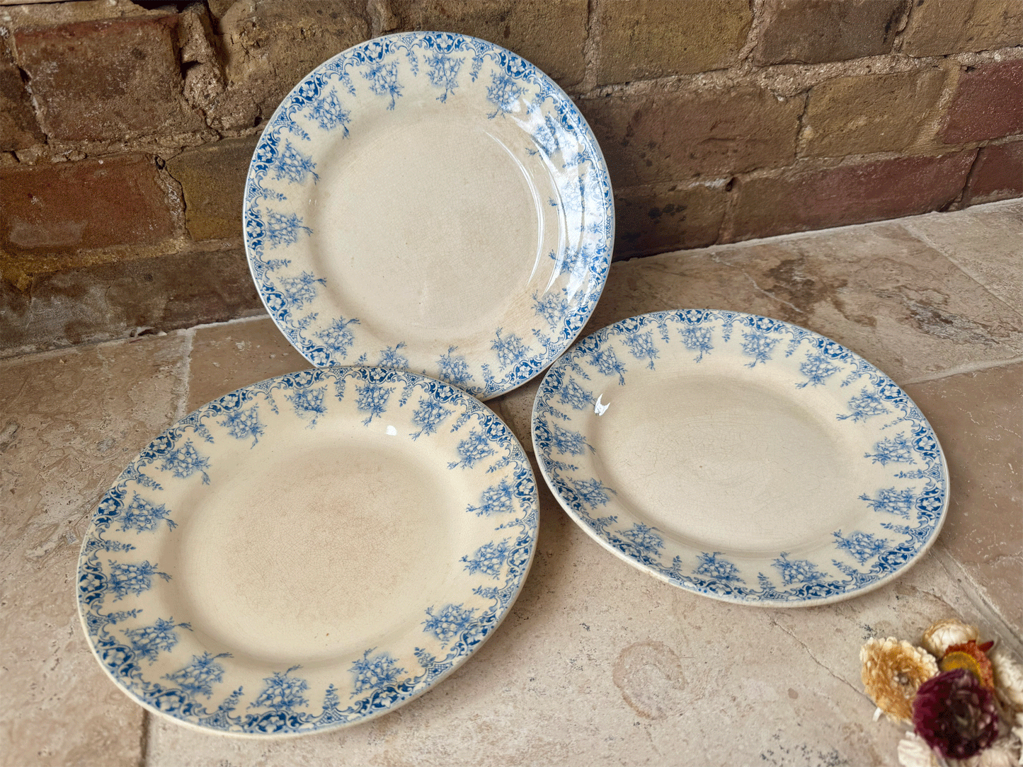 antique french terre de fer ironstone blue transferware plate assiette primavere primrose garland pattern