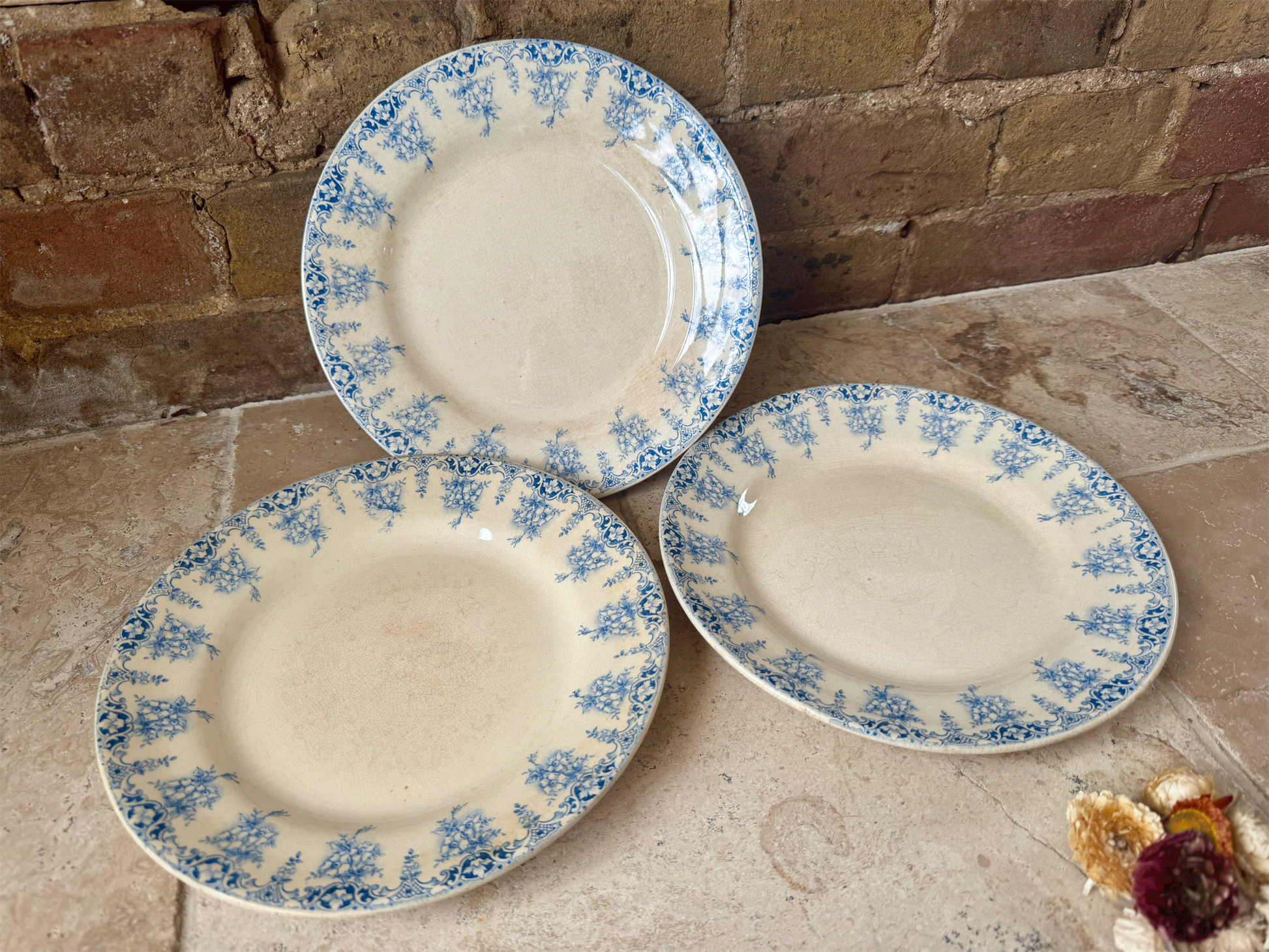 antique french terre de fer ironstone blue transferware plate assiette primavere primrose garland pattern