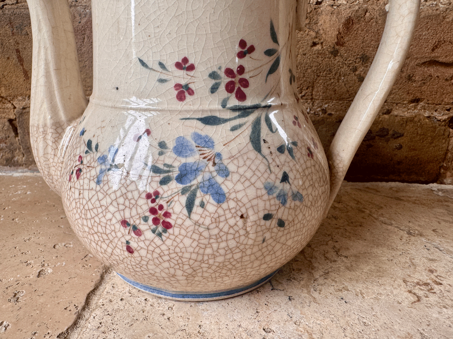 antique french hand painted earthenware vintage rustic teapot floral decoration vintage vase