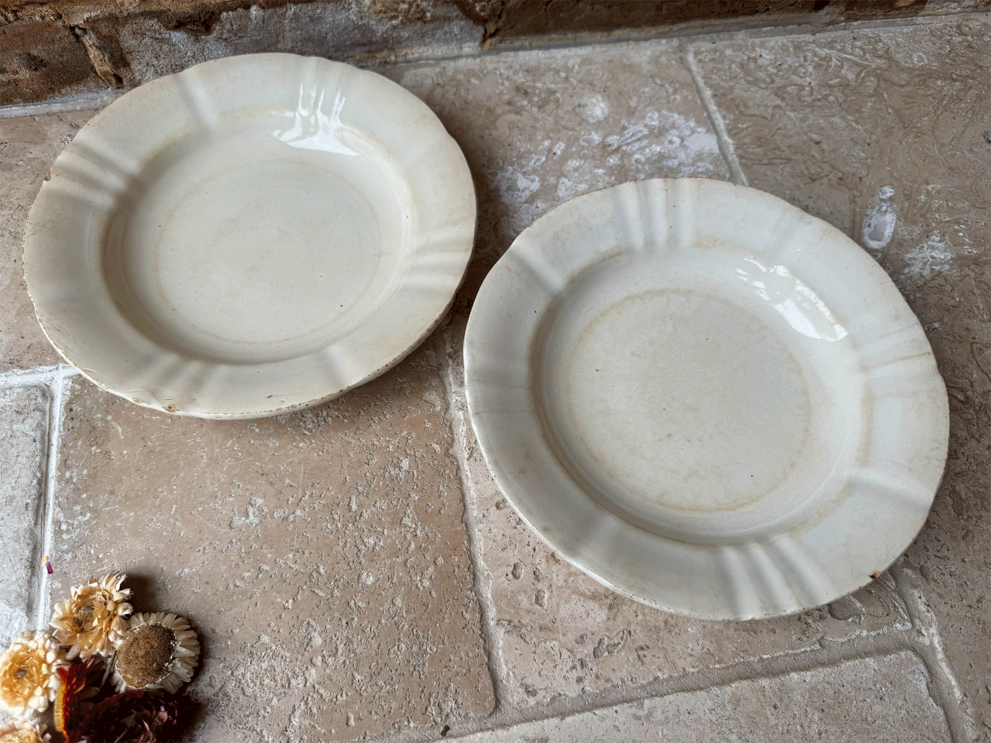 antique french saint amand hamage terre de fer plain white ironstone buttery aged bowl