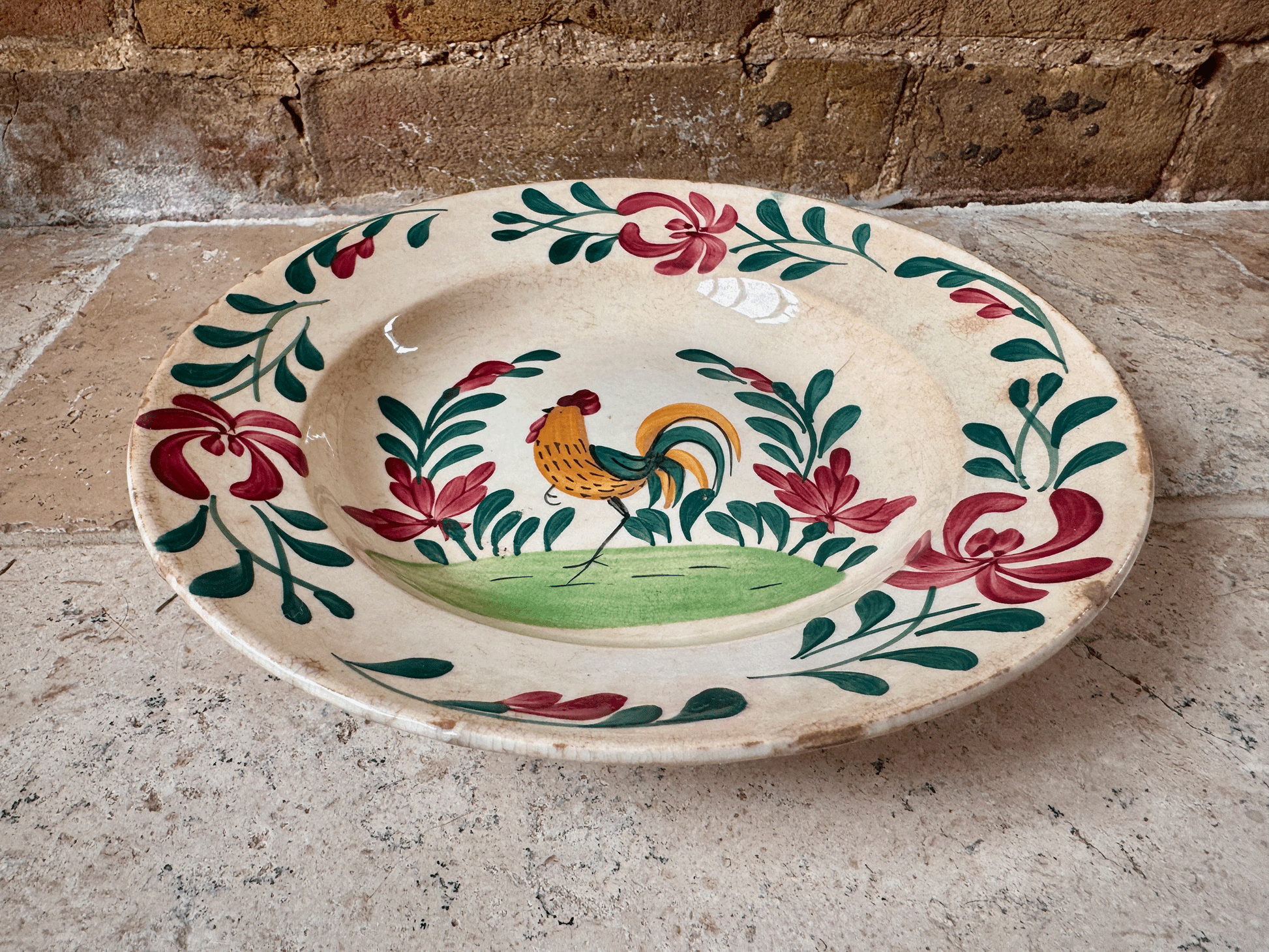 antique french terre de fer ironstone hand painted cockerel soup bowl folk art