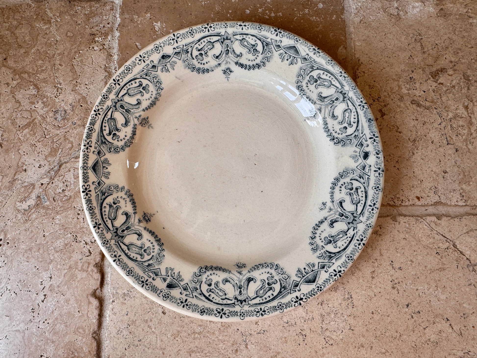 antique french teal transferware terre de fer ironstone plate caiffa guirlande