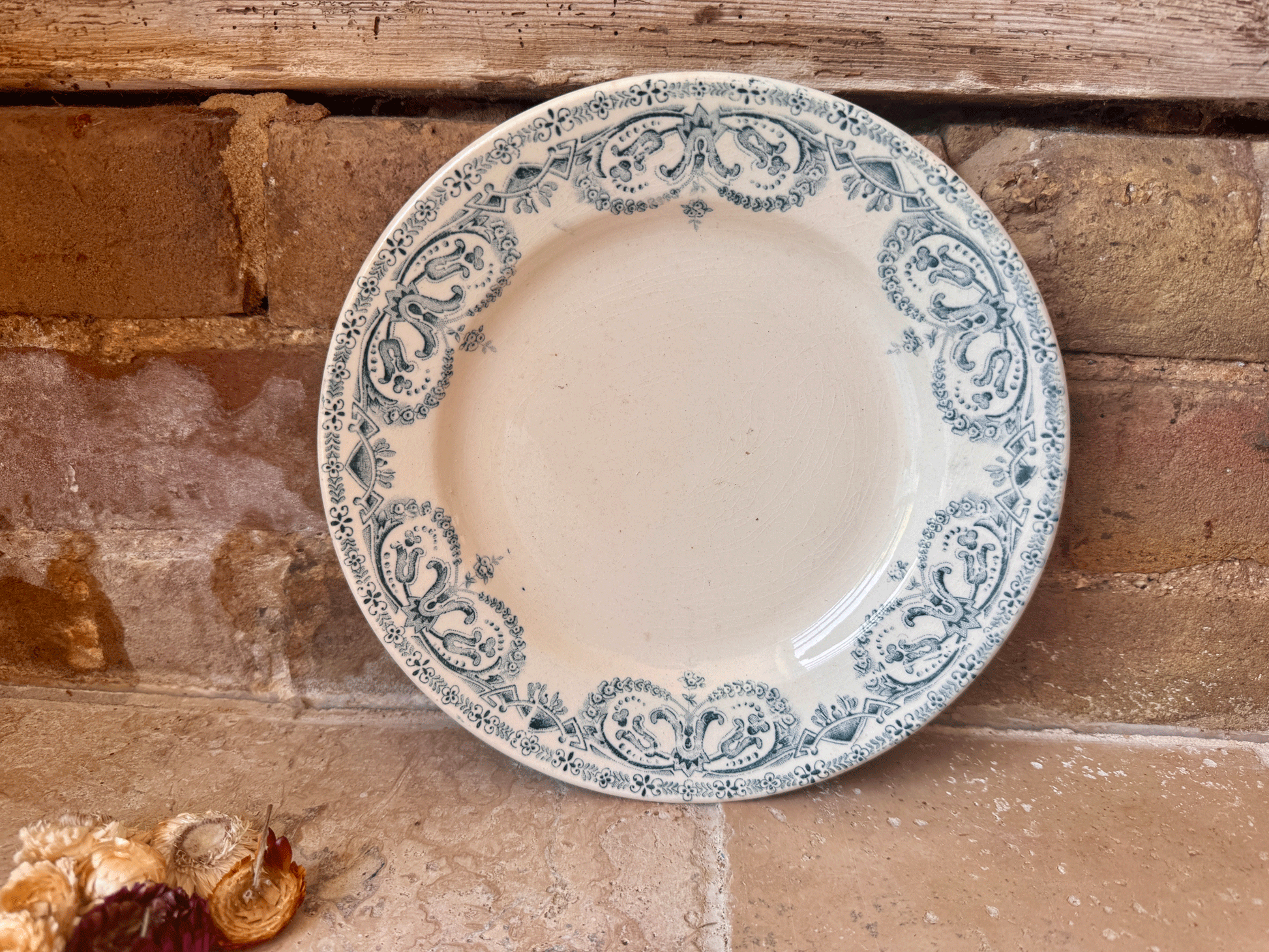 antique french teal transferware terre de fer ironstone plate caiffa guirlande