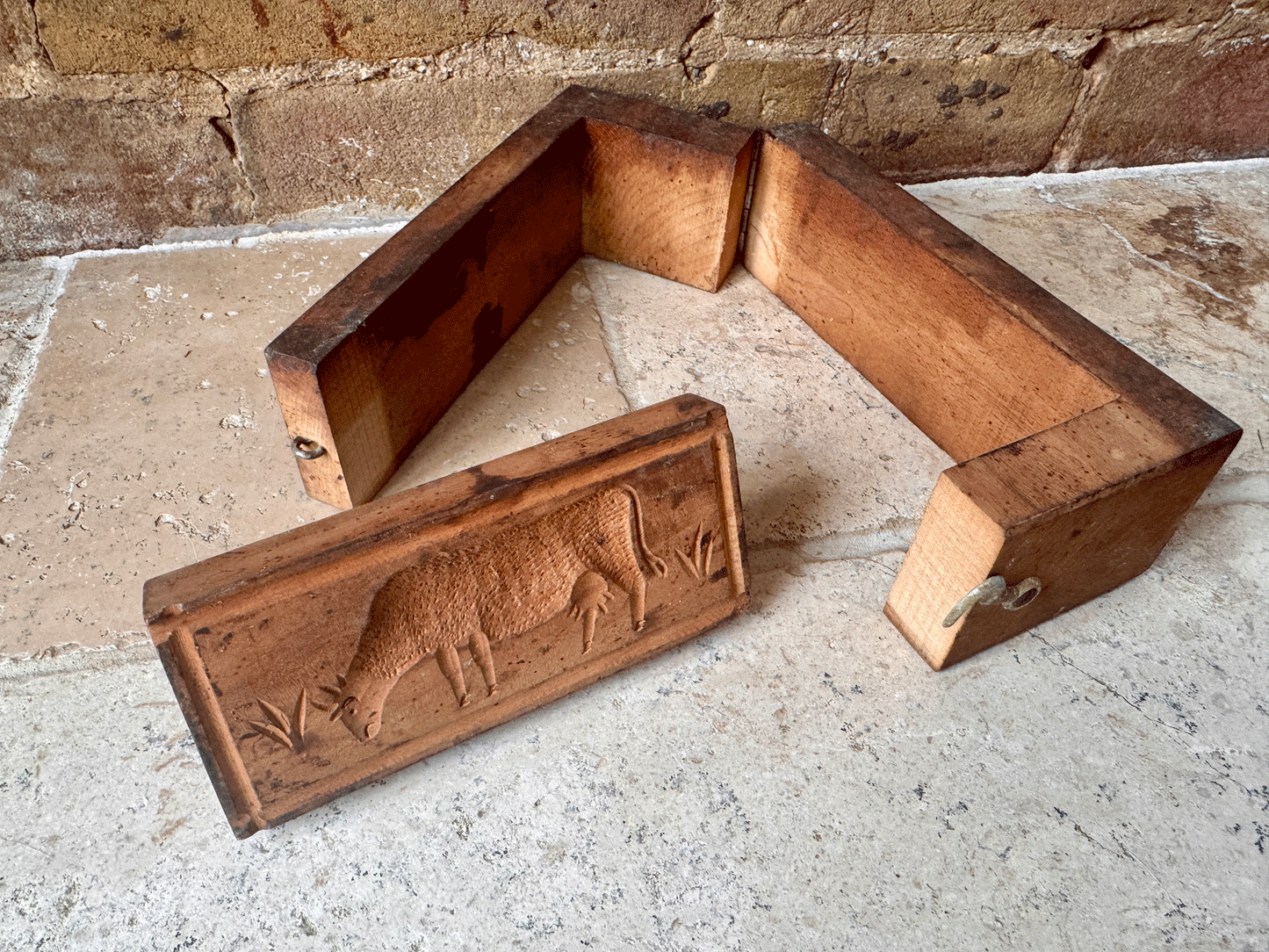 antique french rustic carved wooden treen butter mould brick grazing cow