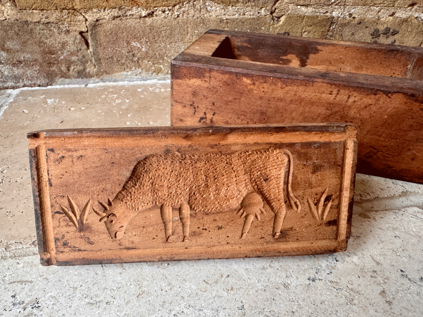 antique french rustic carved wooden treen butter mould brick grazing cow