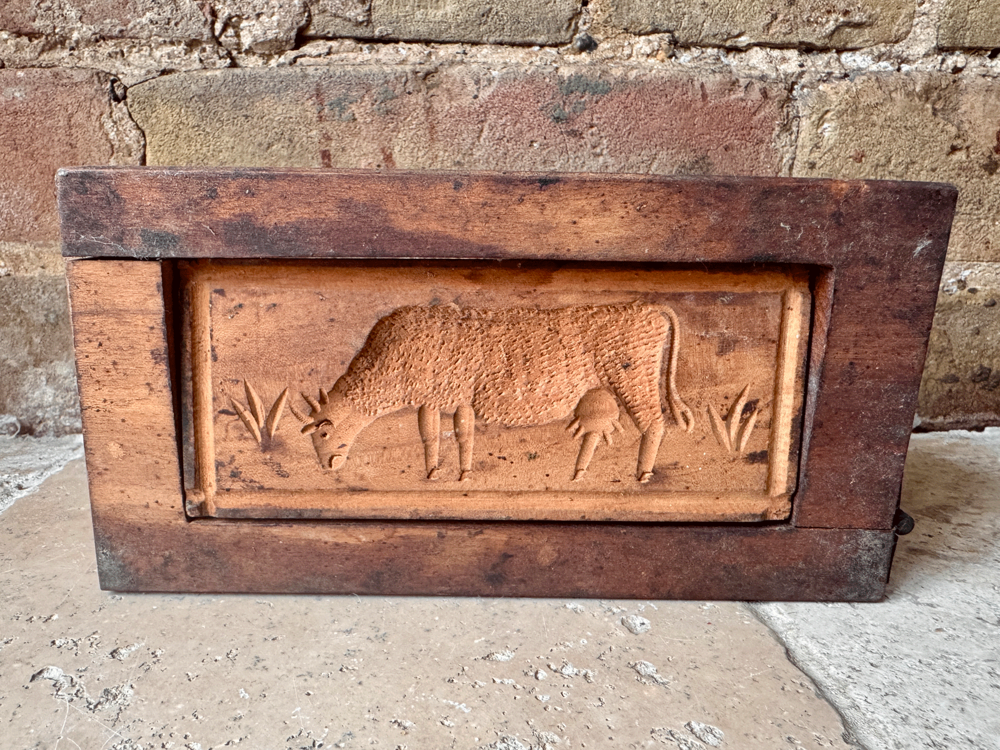 antique french rustic carved wooden treen butter mould brick grazing cow
