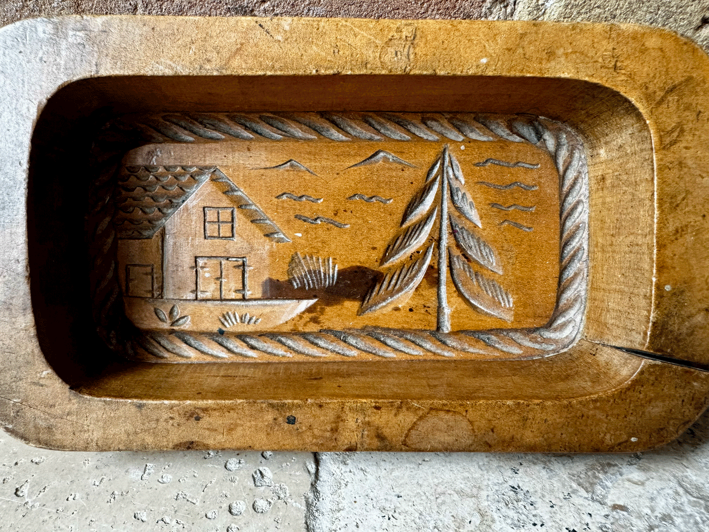 rare antique french carved butter brick mould alpine village country mountain scene setting