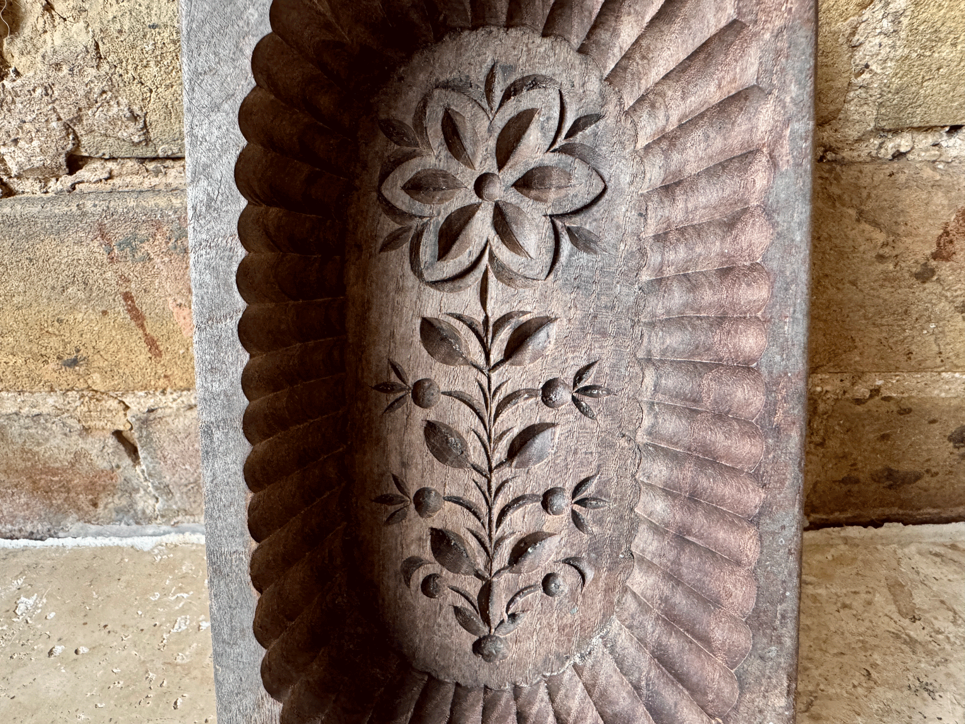 antique french deeplt carved butter brick mould wooden geometric folk art flower floral