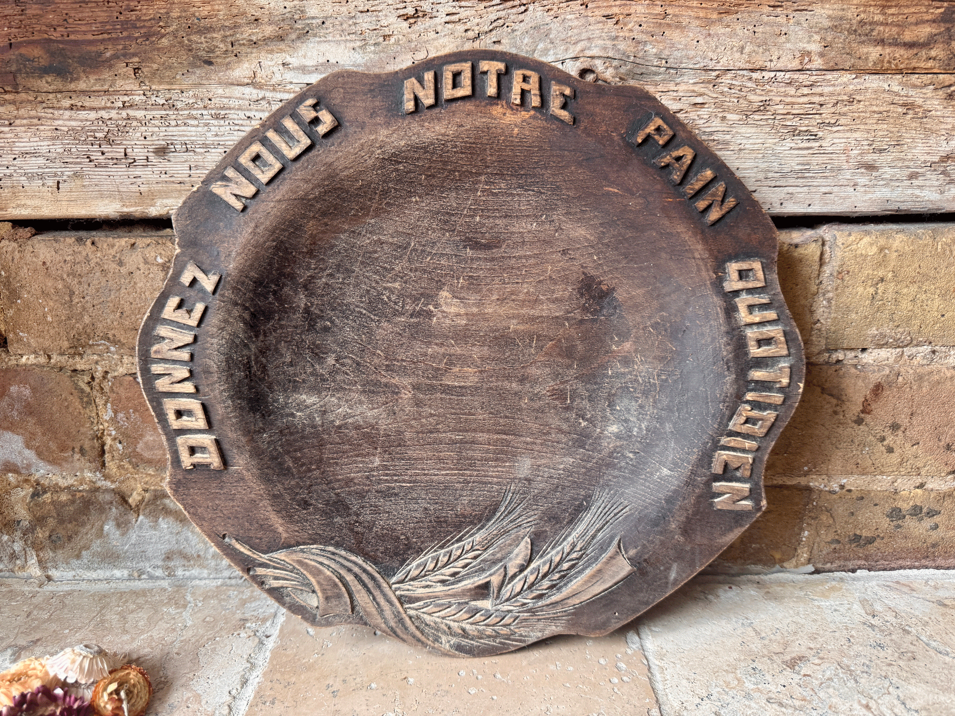 rustic antique french carved breadboard platter give us daily bread motto