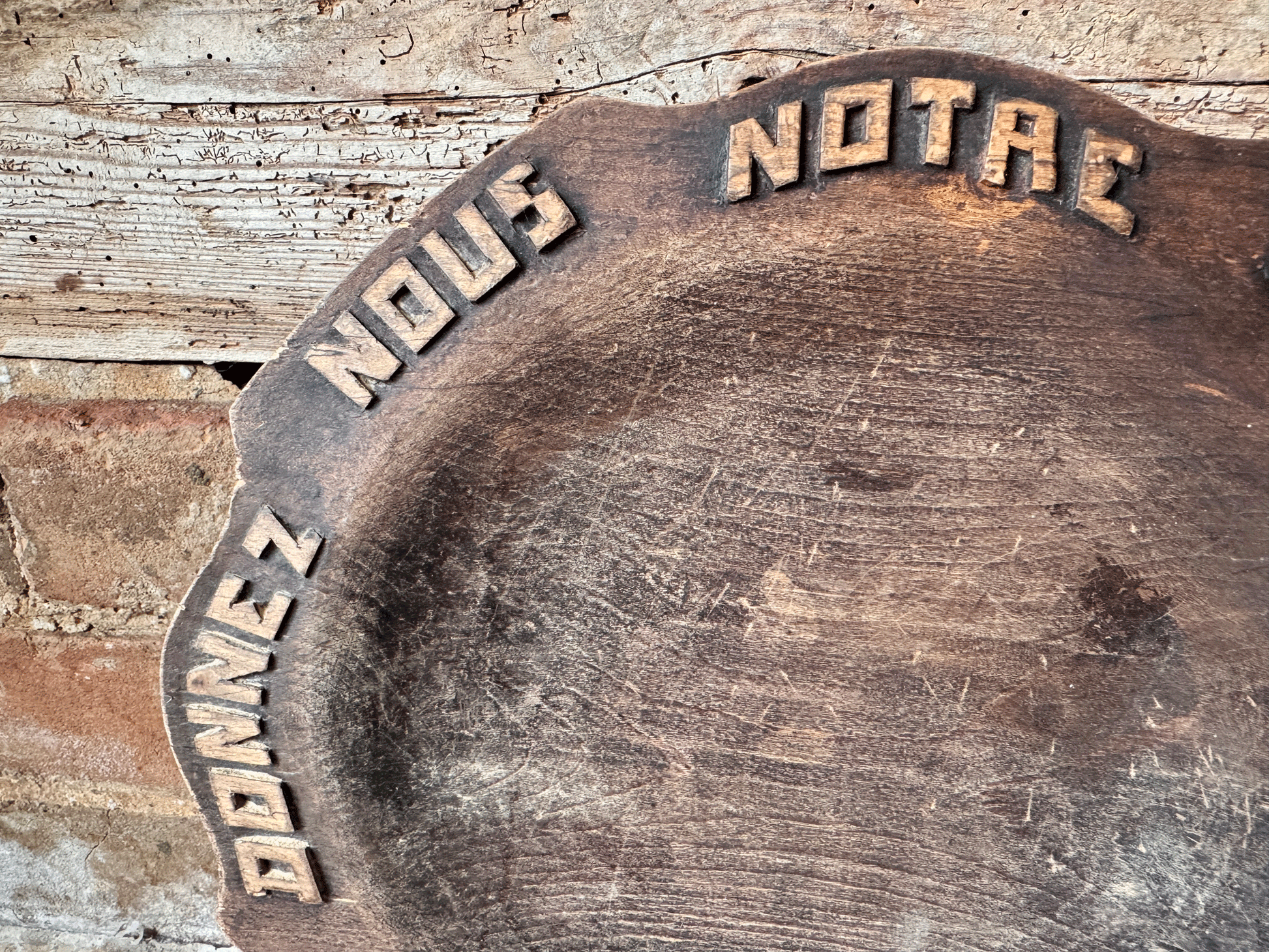 rustic antique french carved breadboard platter give us daily bread motto
