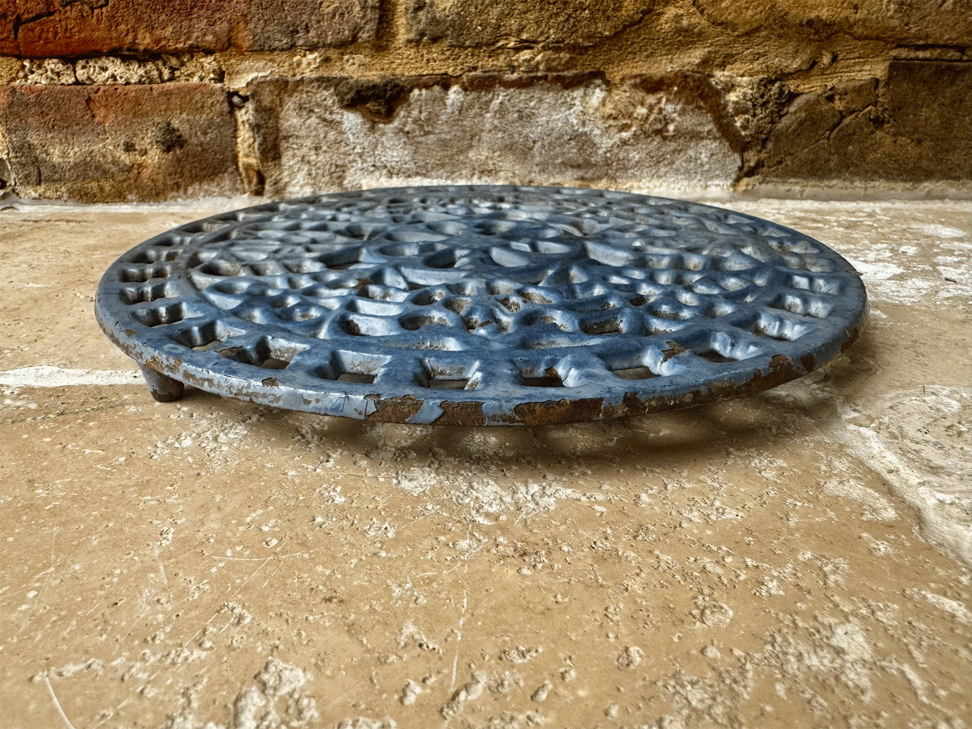 antique french blue enamel cast iron pot stand trivet cooling rack