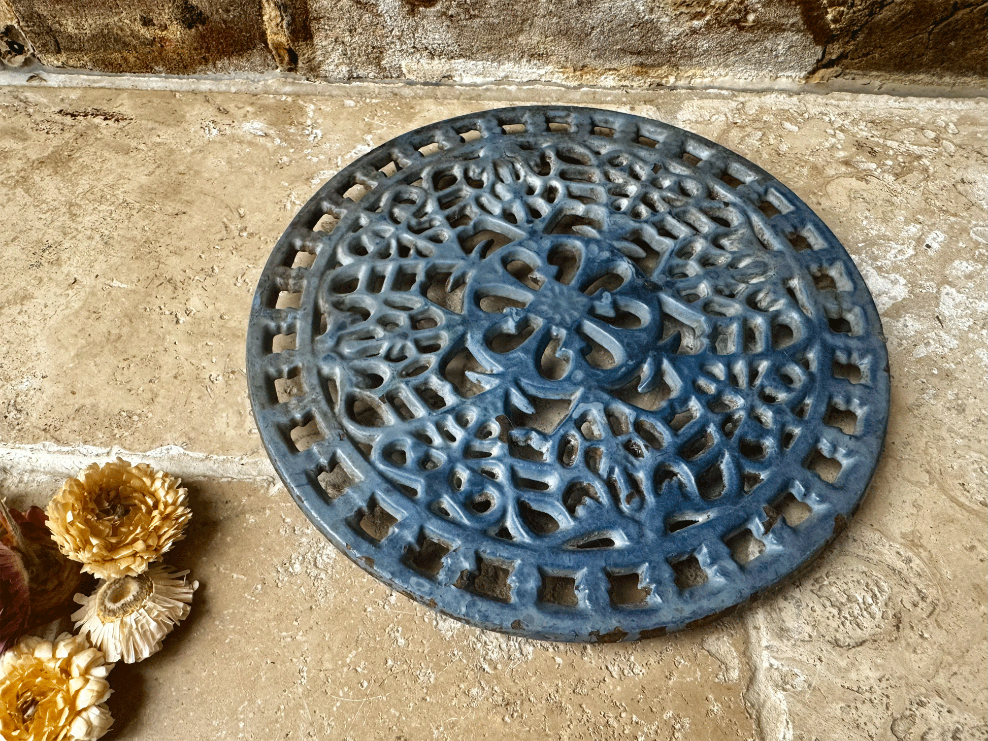 antique french blue enamel cast iron pot stand trivet cooling rack