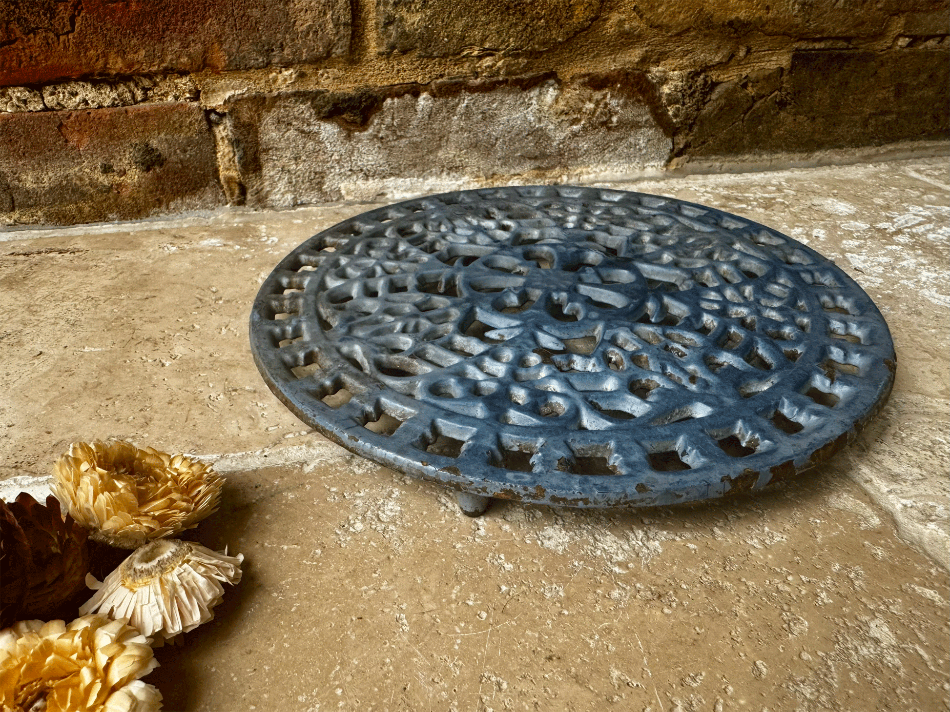 antique french blue enamel cast iron pot stand trivet cooling rack