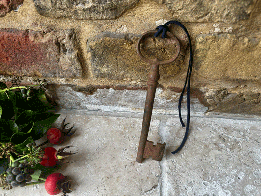 antique french large cast iron key vintage christmas decoration blue velvet ribbon