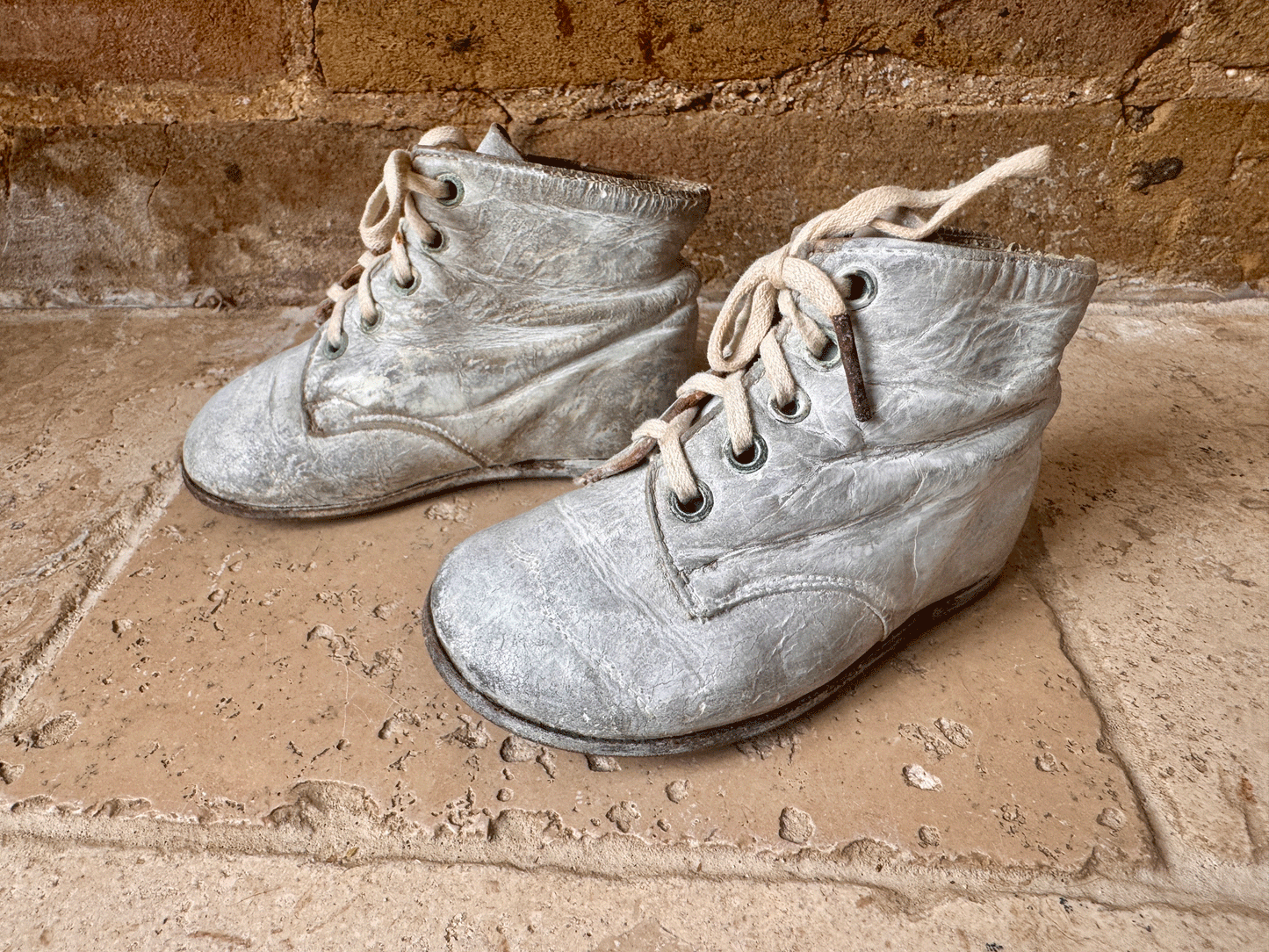 antique vintage french chalked children boots shoes whitewash nursery bedroom decor shelf styling prop