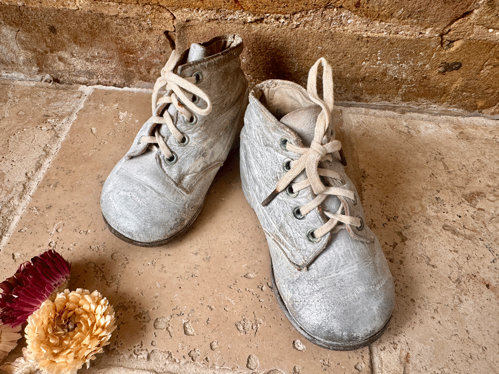 antique vintage french chalked children boots shoes whitewash nursery bedroom decor shelf styling prop