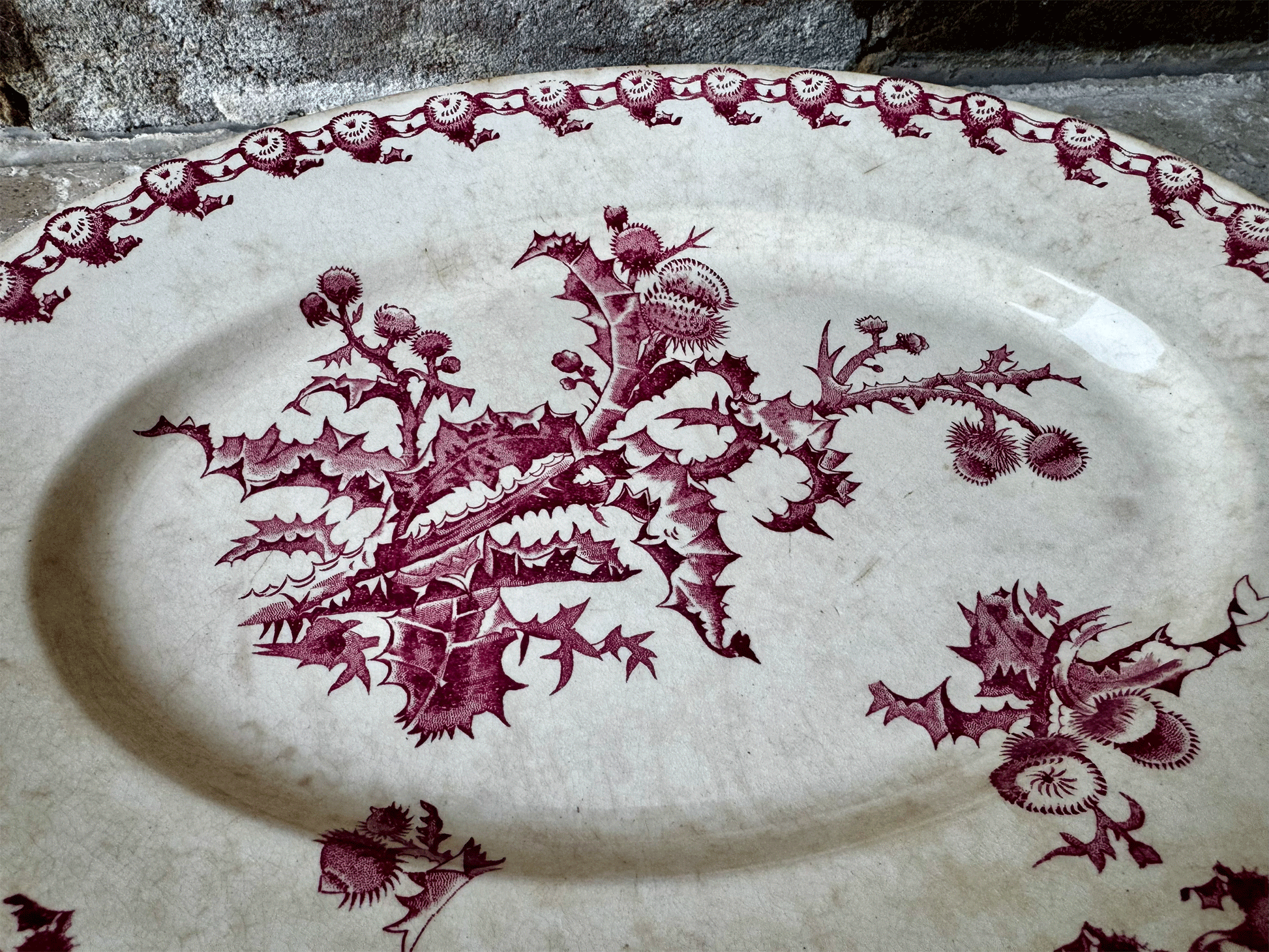 antique 19th century gien chardons pink transferware terre de fer ironstone platter plate