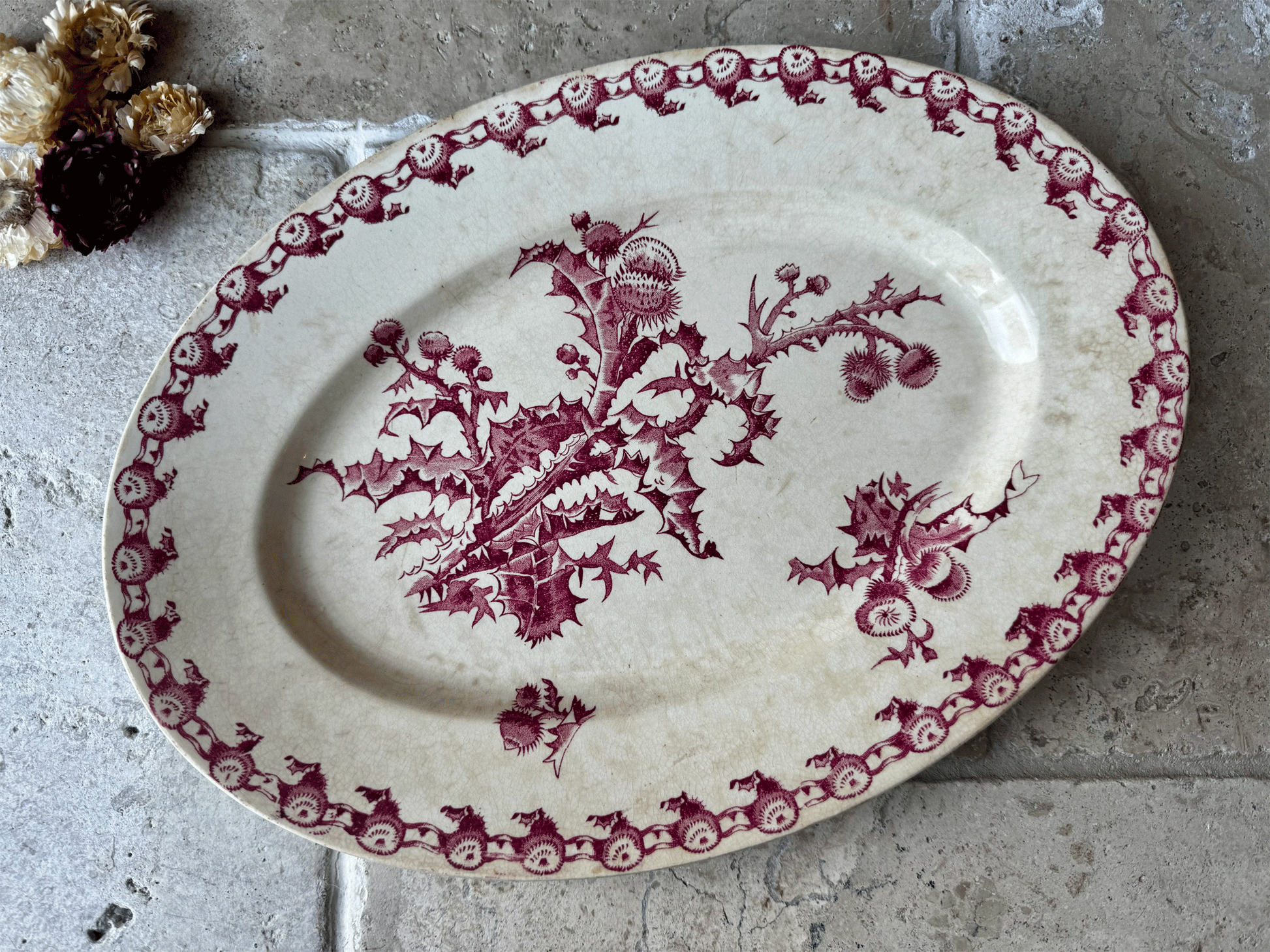 antique 19th century gien chardons pink transferware terre de fer ironstone platter plate
