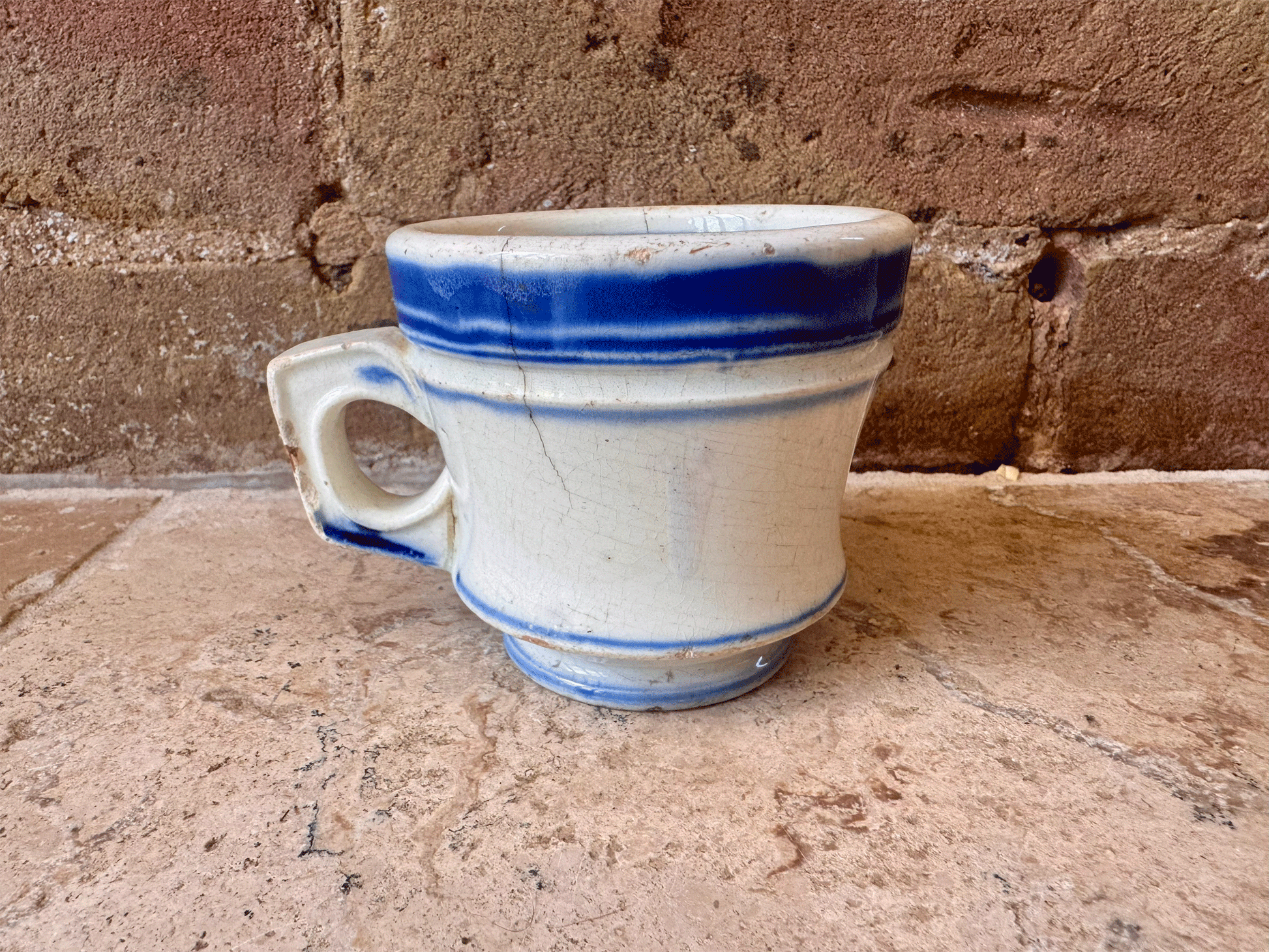 antique french chippy timeworn ironstone terre de fer brulot coffee brandy mug cup blue rim
