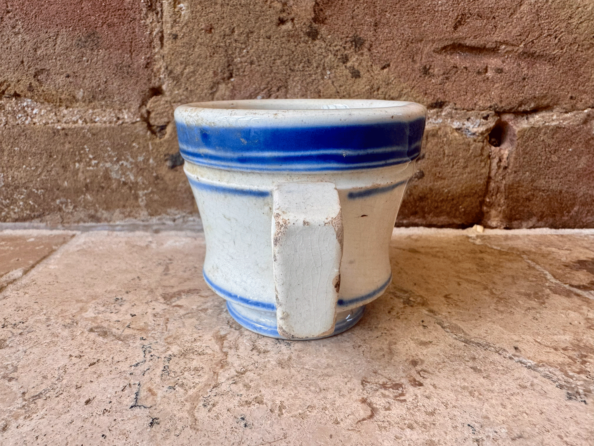 antique french chippy timeworn ironstone terre de fer brulot coffee brandy mug cup blue rim