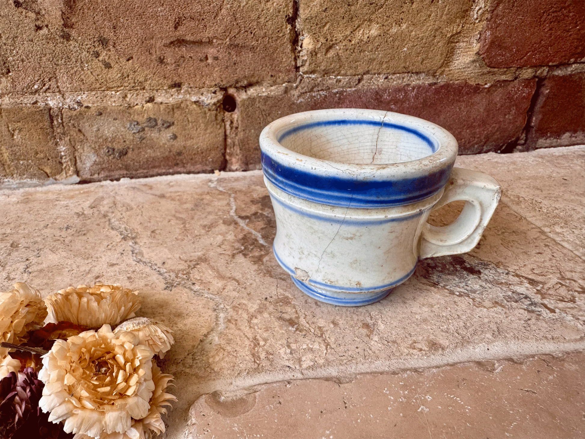 antique french chippy timeworn ironstone terre de fer brulot coffee brandy mug cup blue rim