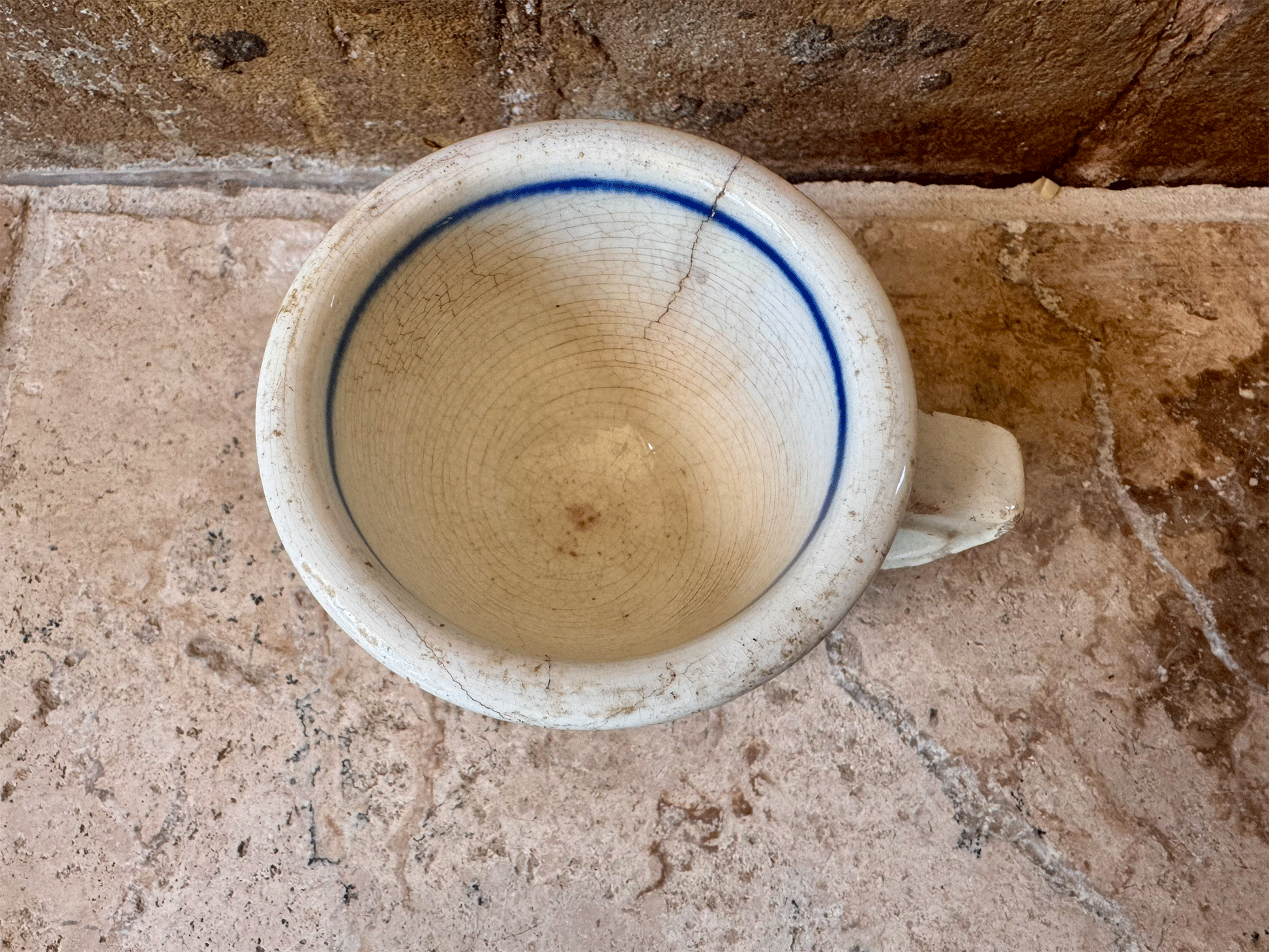 antique french chippy timeworn ironstone terre de fer brulot coffee brandy mug cup blue rim