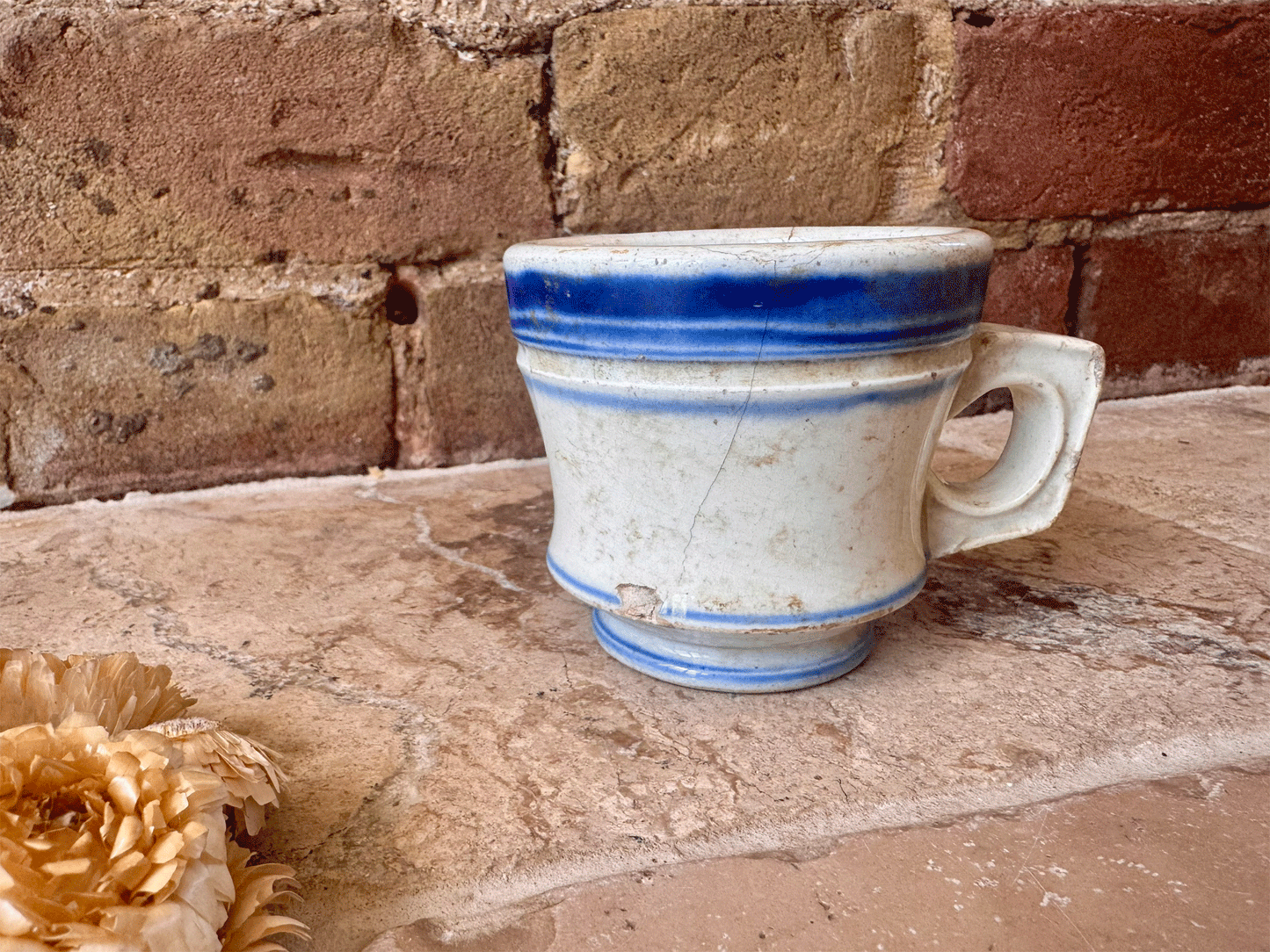 antique french chippy timeworn ironstone terre de fer brulot coffee brandy mug cup blue rim