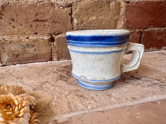 antique french chippy timeworn ironstone terre de fer brulot coffee brandy mug cup blue rim