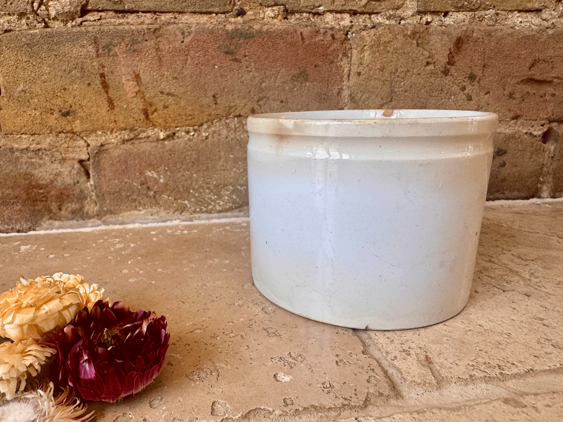 antique french chippy timeworn buttery white ironstone terre de fer confiture pot