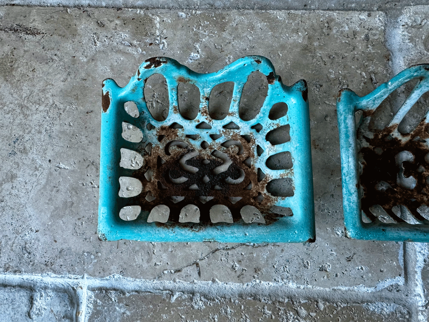 antique french chippy turquoise enamel cast iron soap dish