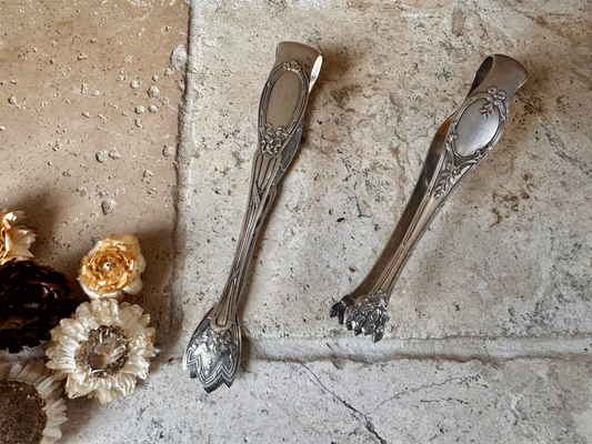 atique french silver plated sugar tong lion feet clasps bows ribbos christofle