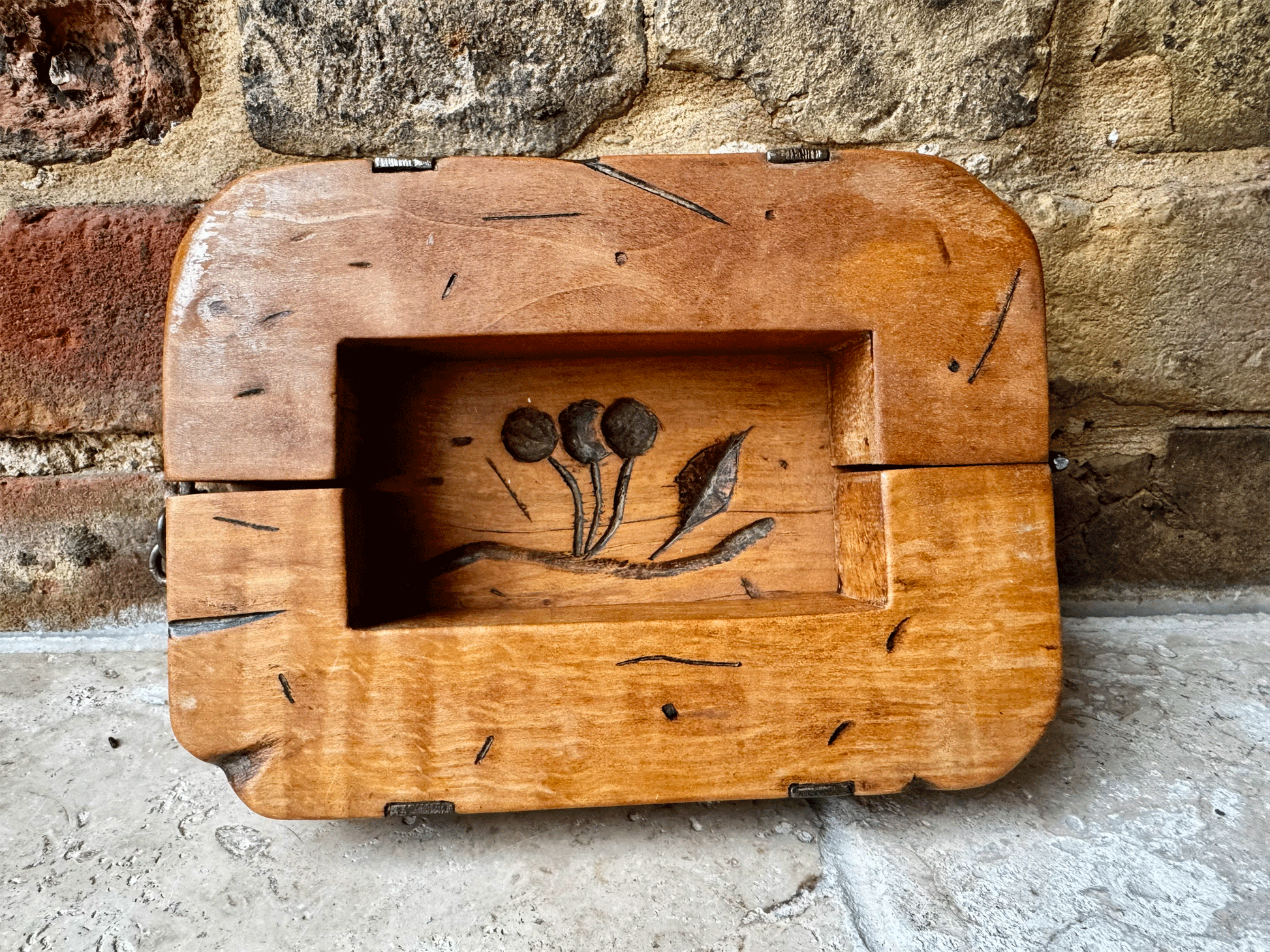 antique french chunky large arved wooden treen butter mould brick berries
