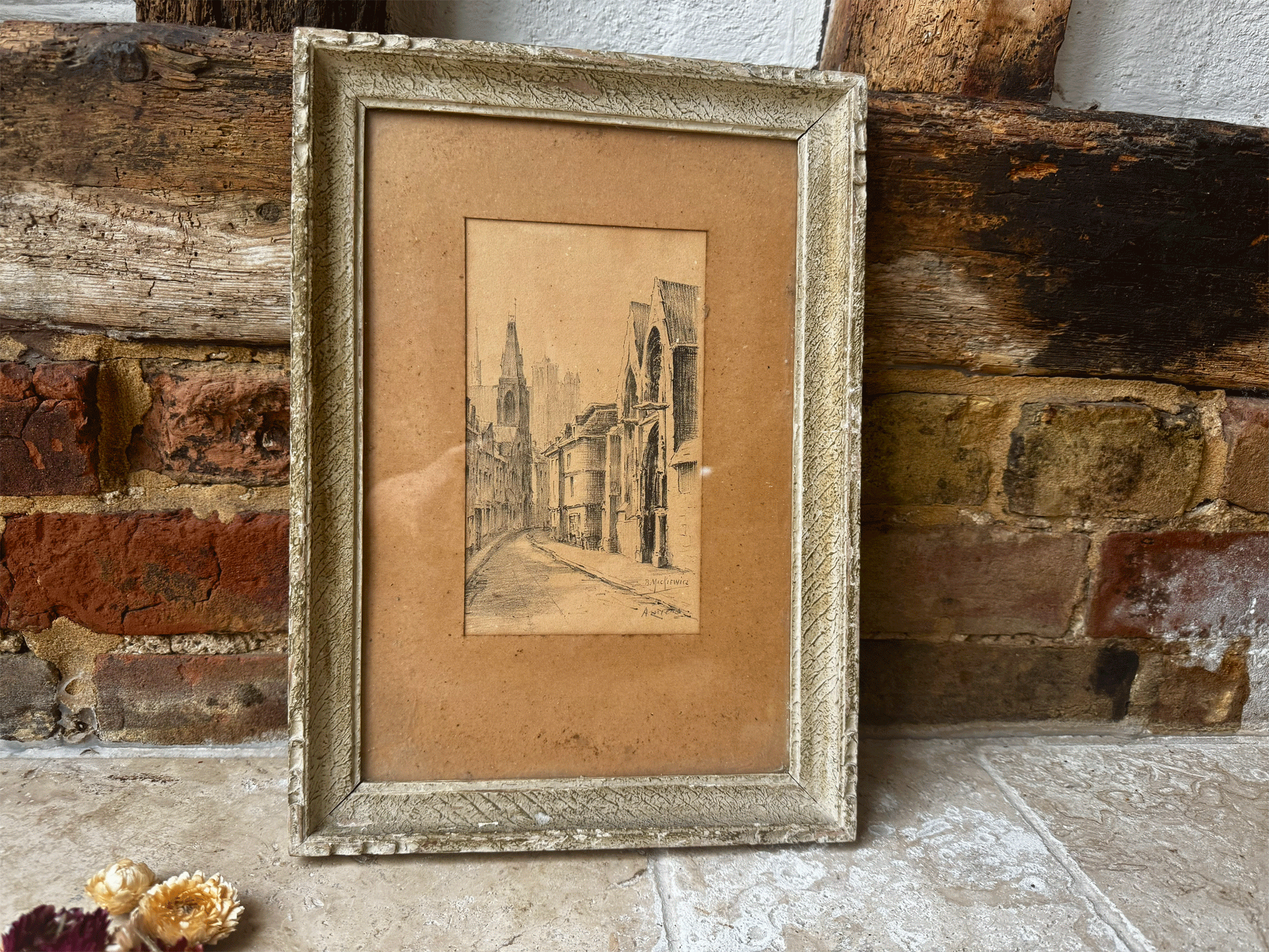antique amiens french artwork pencil drawing cityscape cathedral moody signed berthe mackiewicz