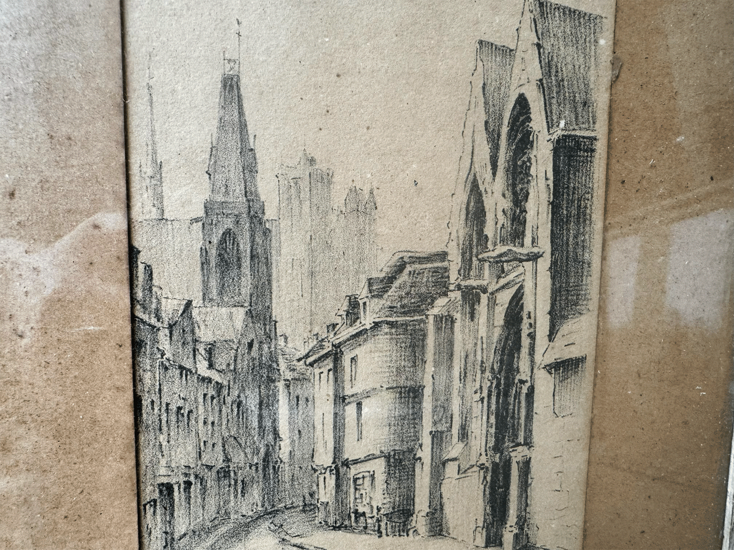 antique amiens french artwork pencil drawing cityscape cathedral moody signed berthe mackiewicz