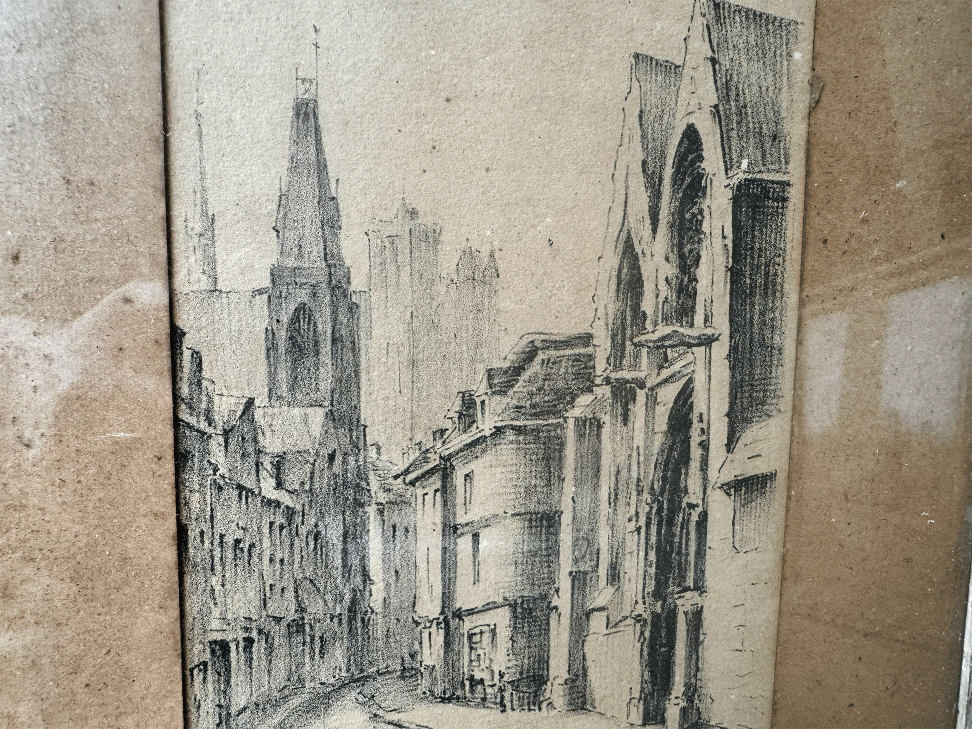 antique amiens french artwork pencil drawing cityscape cathedral moody signed berthe mackiewicz