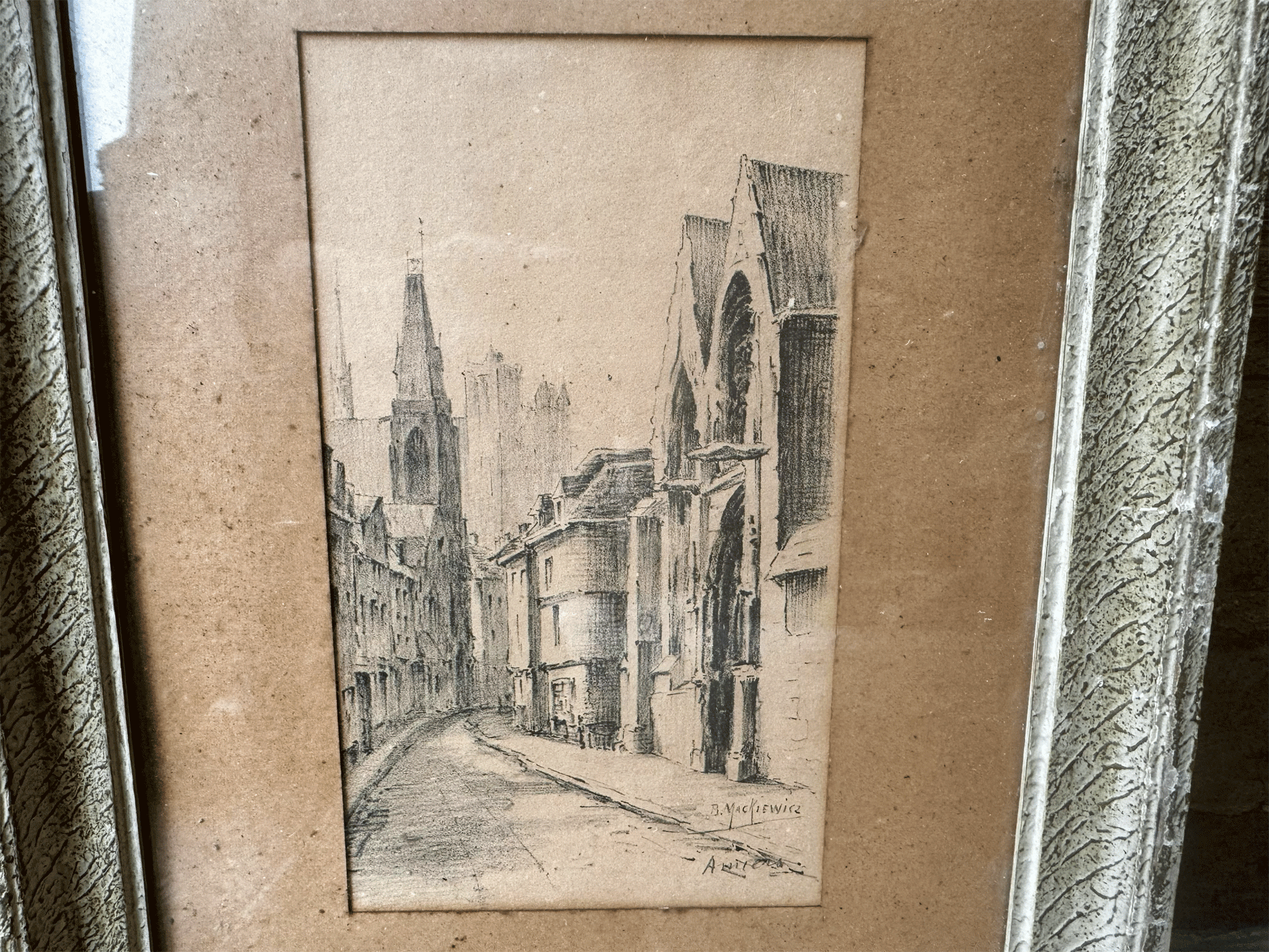 antique amiens french artwork pencil drawing cityscape cathedral moody signed berthe mackiewicz