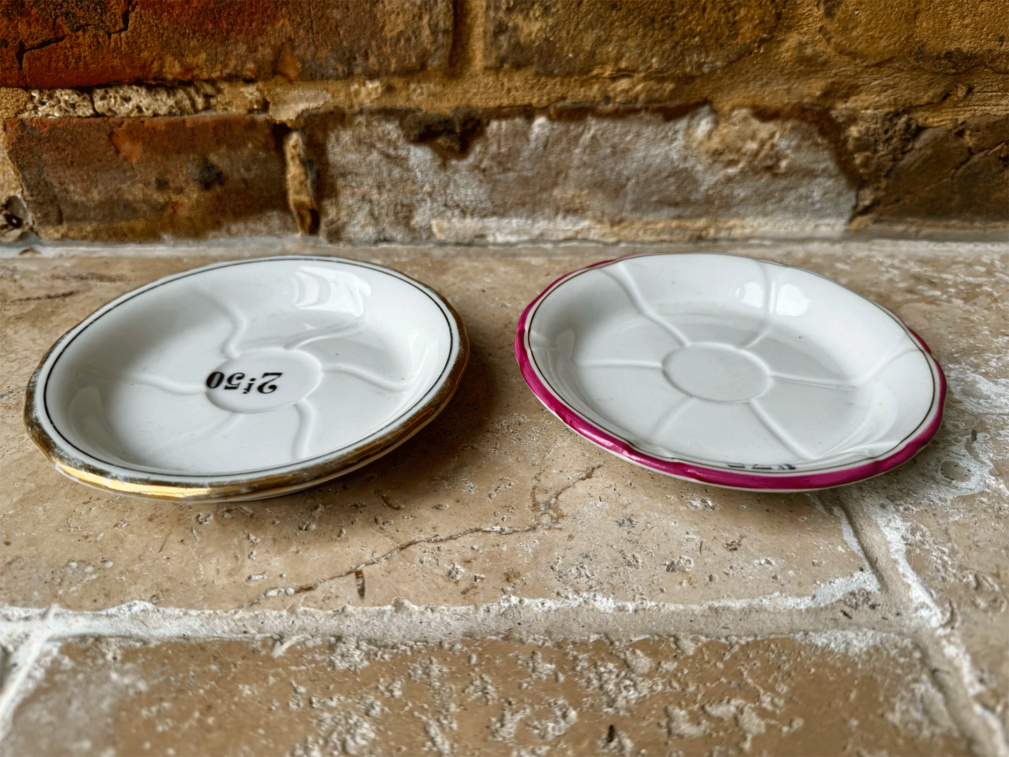 french antique white ironstone coloured rim cafe bar price tab tip dish snack plates