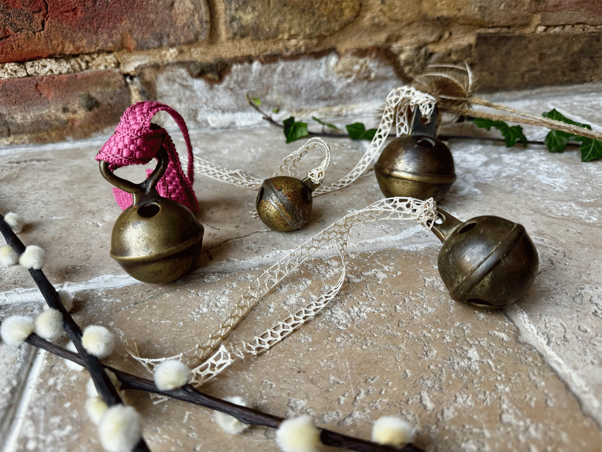 rustic antique french cow bell christmas decoration vintage lace ribbon