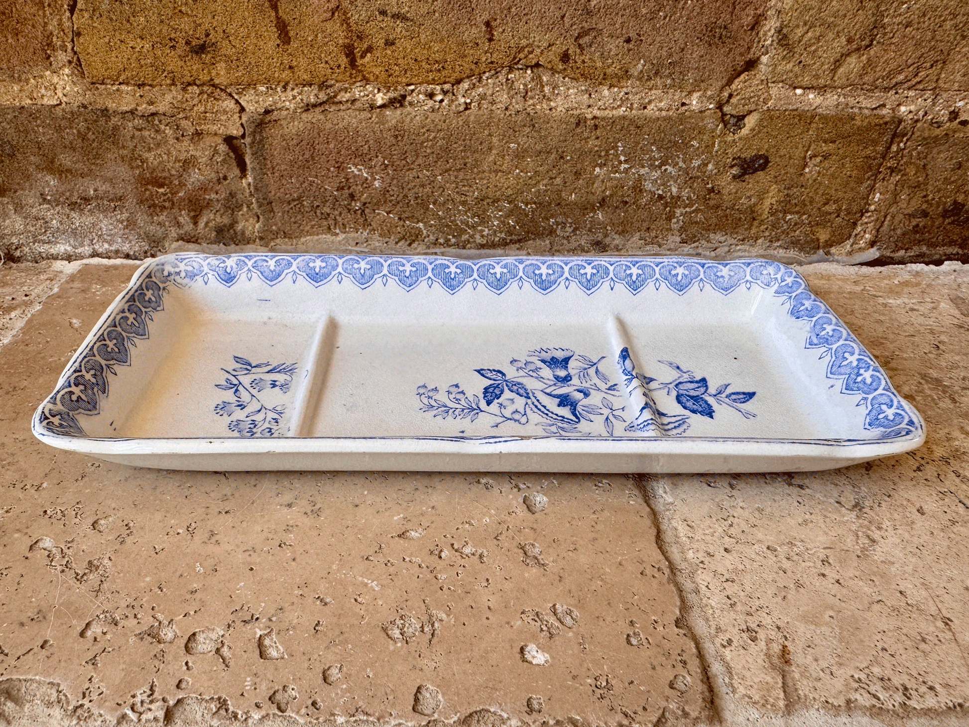 antique french blue transferware terre de fer ironstone creil montereau bouquets soap razor dish