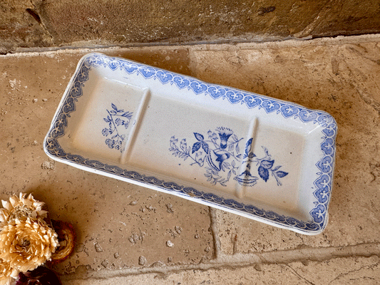 antique french blue transferware terre de fer ironstone creil montereau bouquets soap razor dish