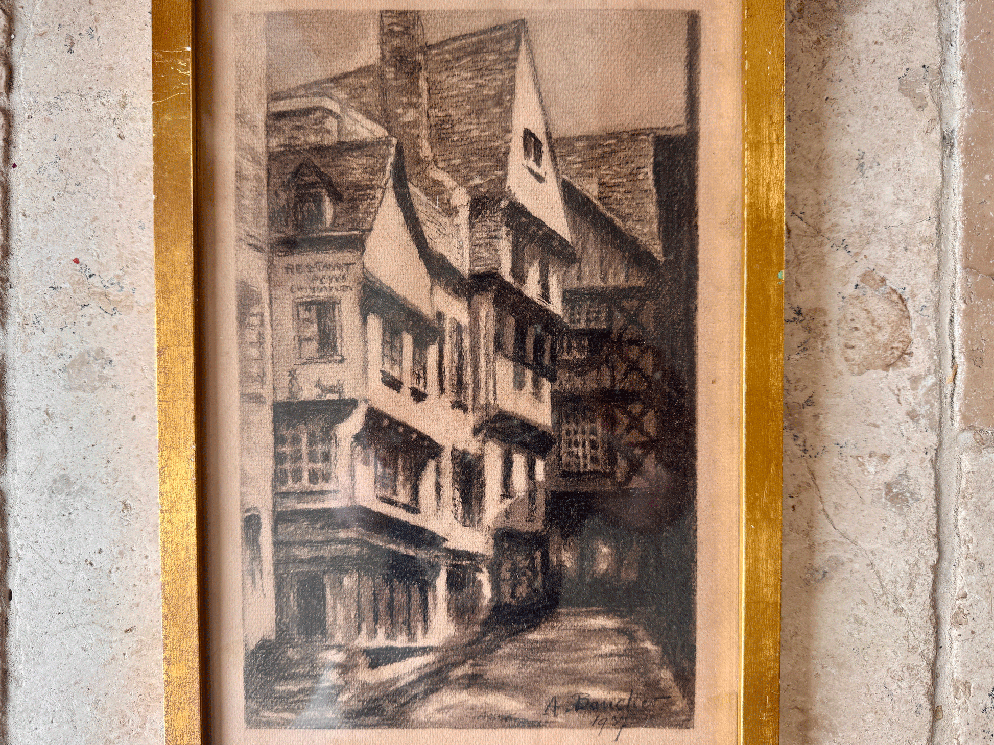 antique french signed framed charcoal drawing medieval rouen dated 1937