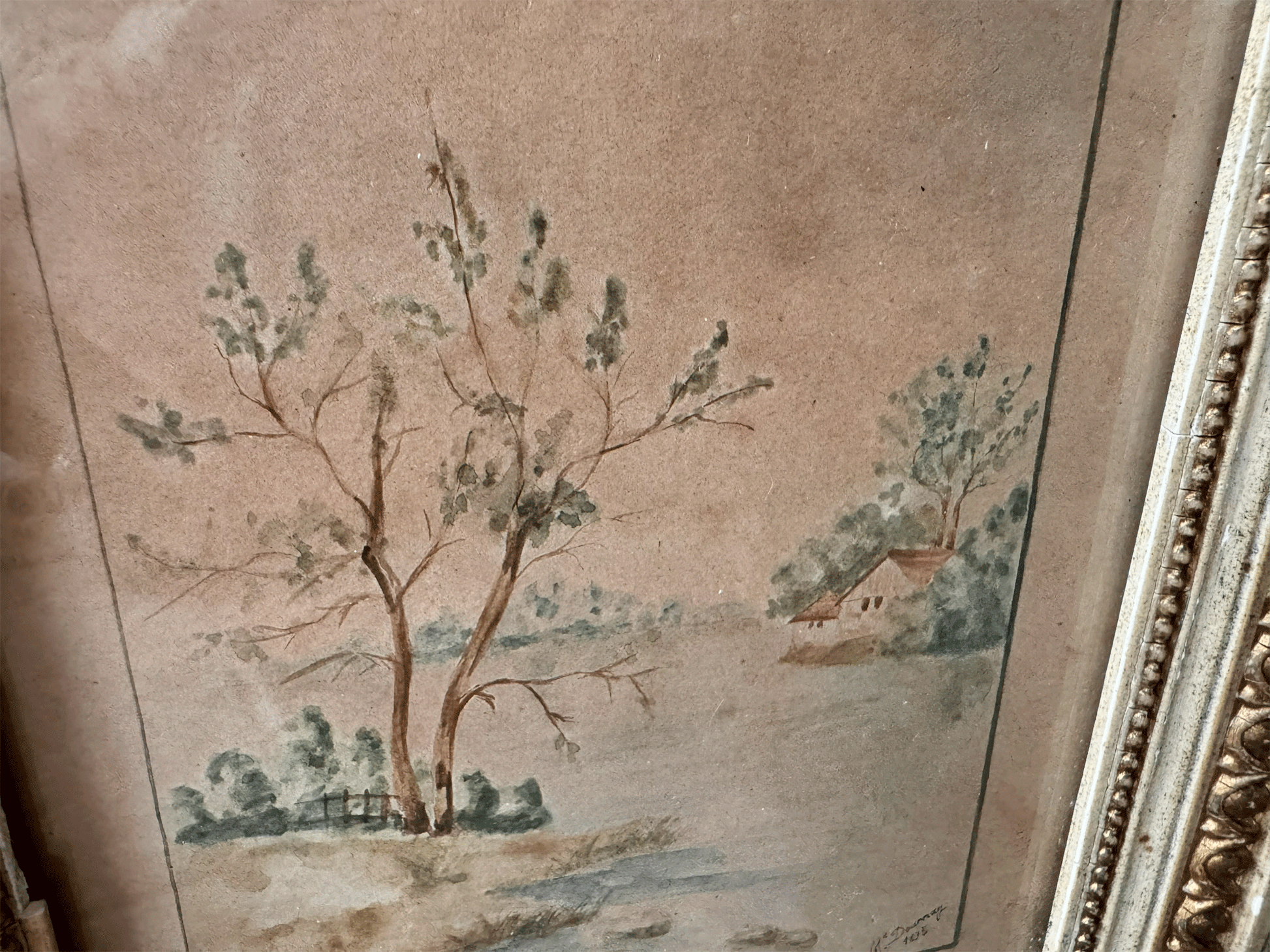 antique french siged dated village riverside country landscape watercolour painting framed