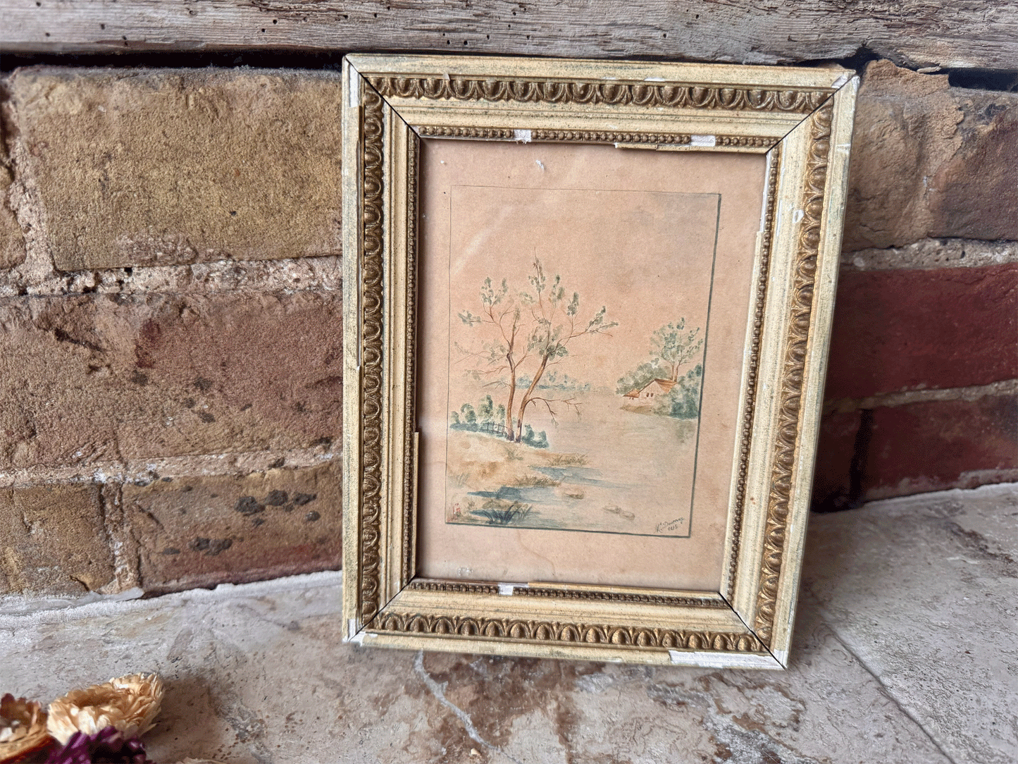 antique french siged dated village riverside country landscape watercolour painting framed