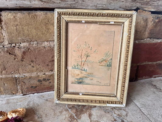 antique french siged dated village riverside country landscape watercolour painting framed