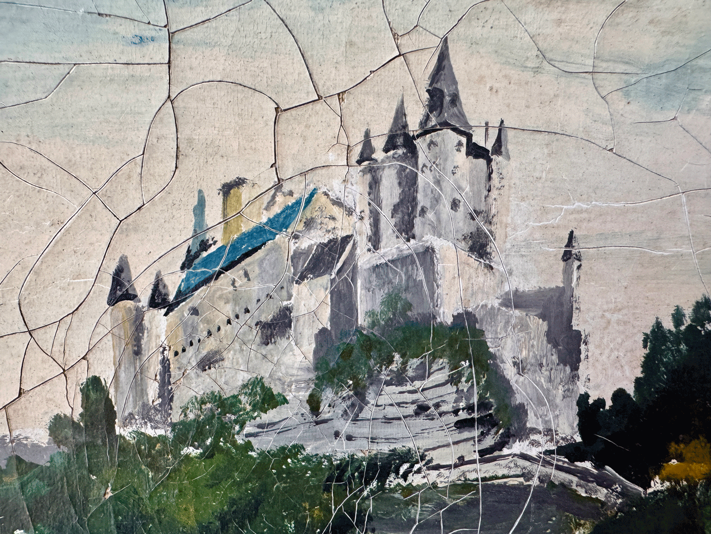 antique french signed dated vintage oil painting canvas landscape moody chateau cliffside seascape