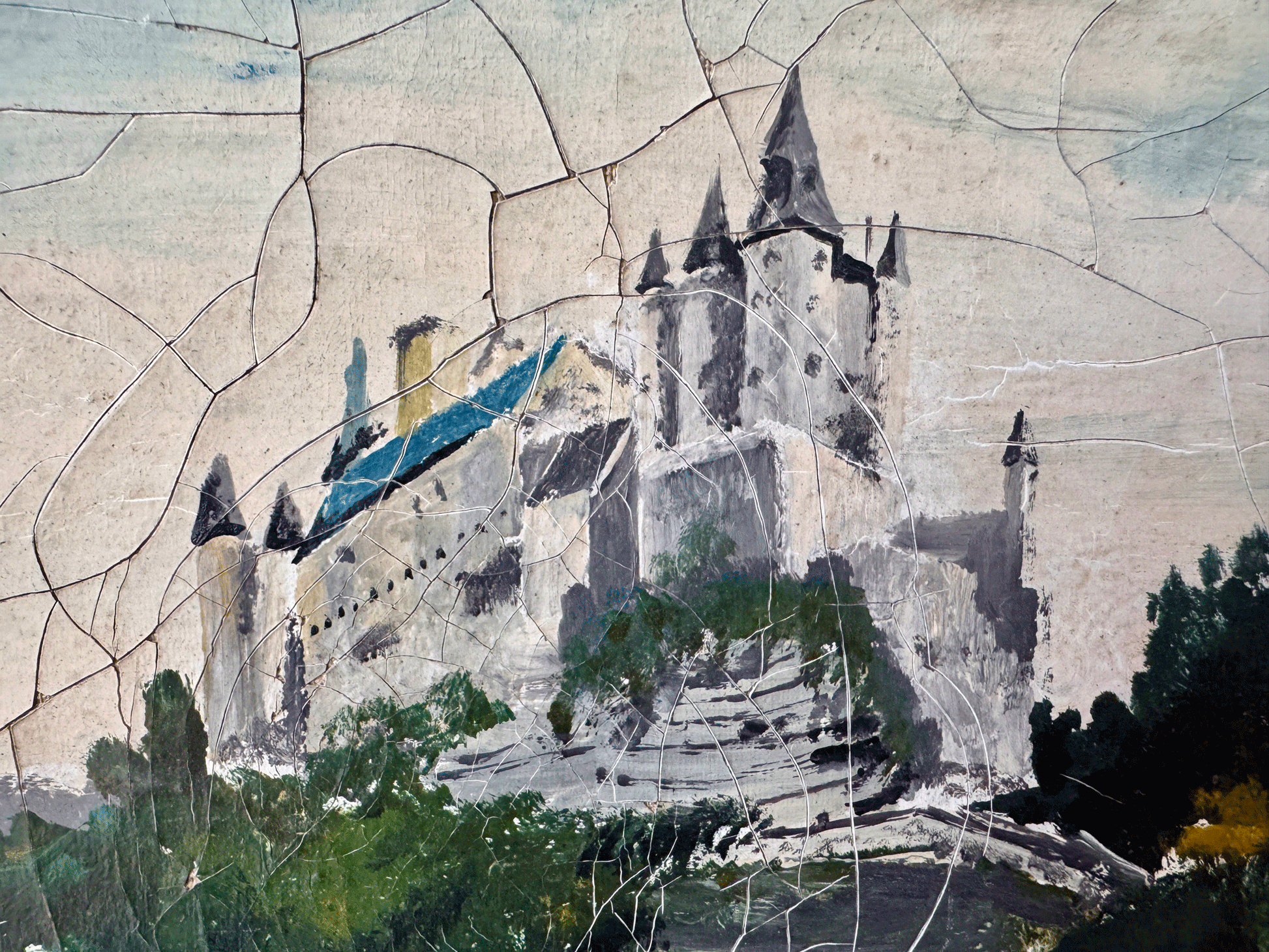 antique french signed dated vintage oil painting canvas landscape moody chateau cliffside seascape
